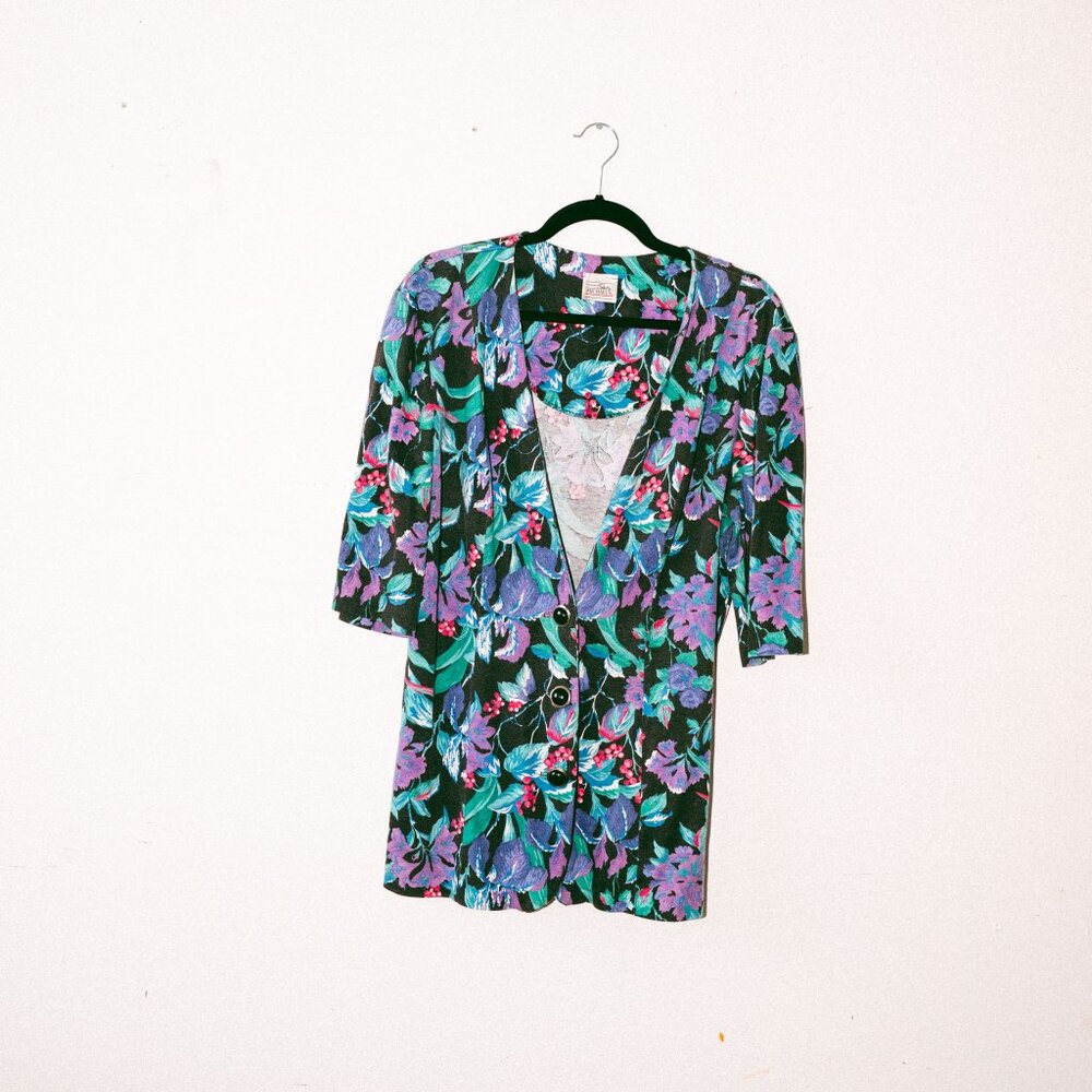 Vintage 80s/90s Shelly Michaels Longline ¾ Sleeve Cardigan Jacket w/ Iris Print
